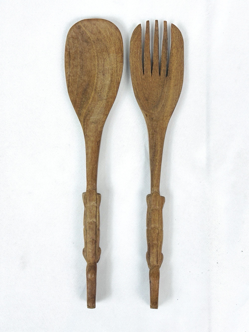 Vintage HandCarved Wooden Salad Fork Spoon Set Crocodile Alligator Animal Handle